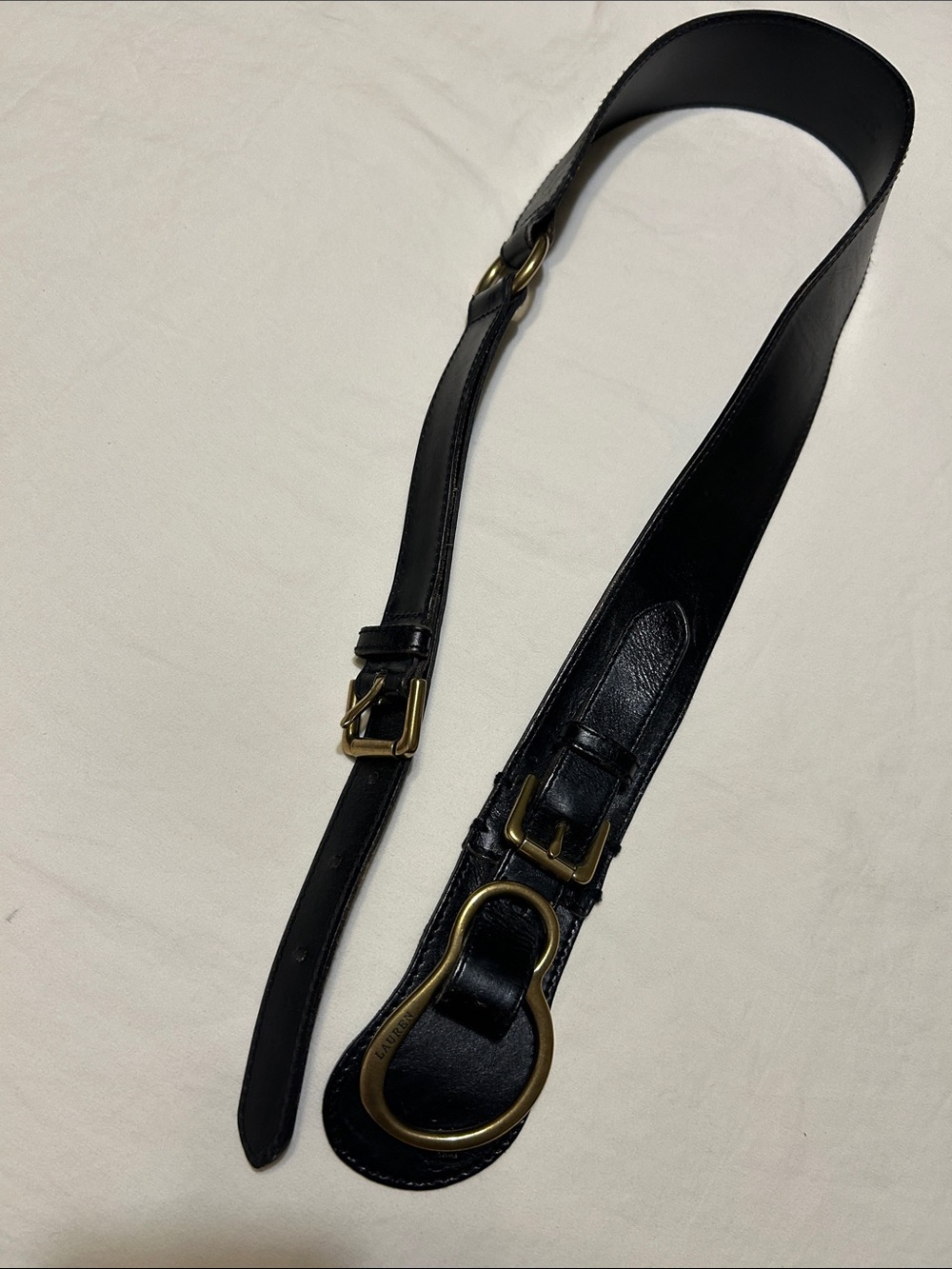 Ralph Lauren Black Leather Belt Strap with Antiqued Brass Rings